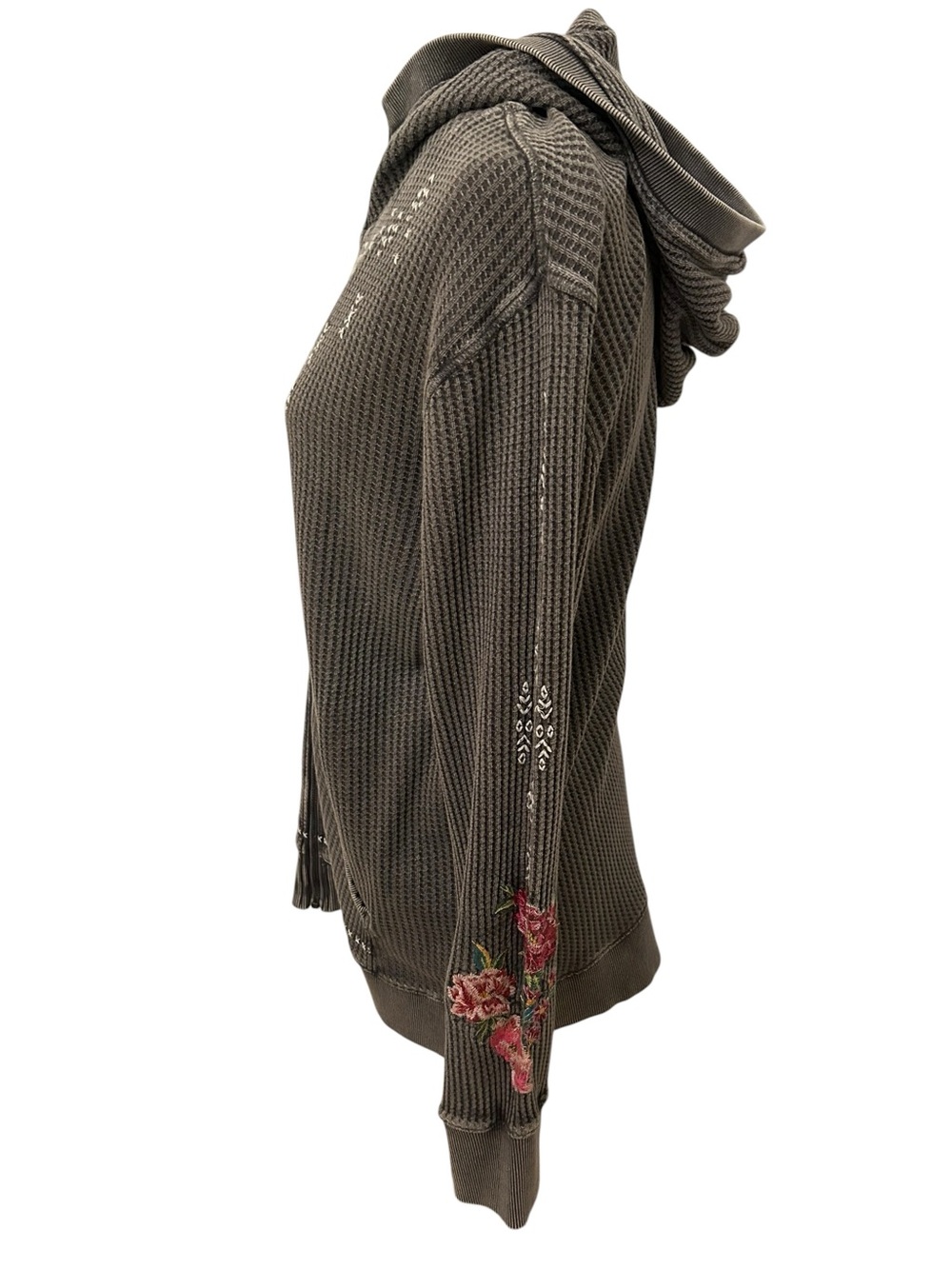 SUNDANCE Jolene Floral Embroidered Waffle Knit Zip Hoodie Gray Med Boho Cottage - Picture 6 of 10
